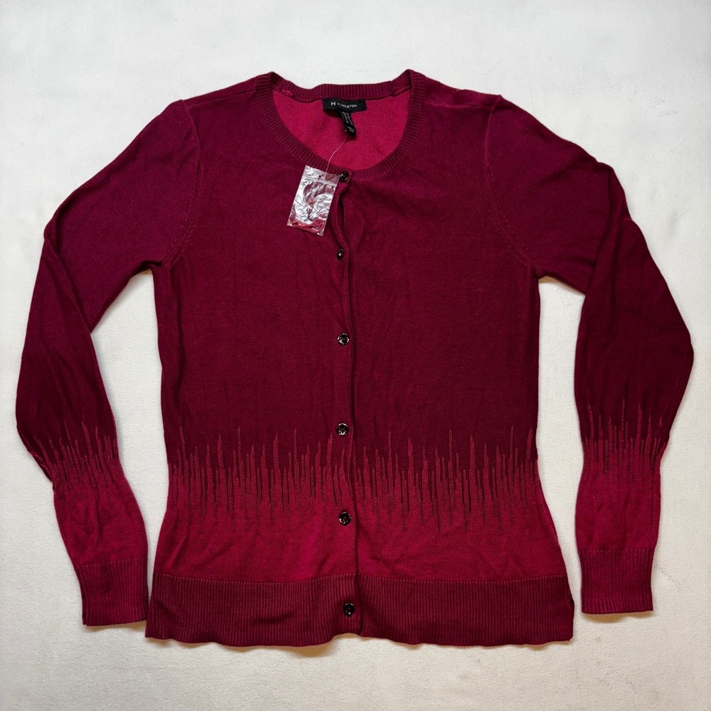 H by Halston Cardigan XXS Plum Red Ombre Knit Fitted Button Down Sweater New‎